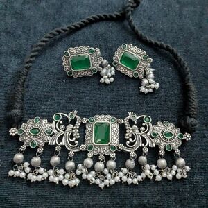 Silver and green earring and necklace set